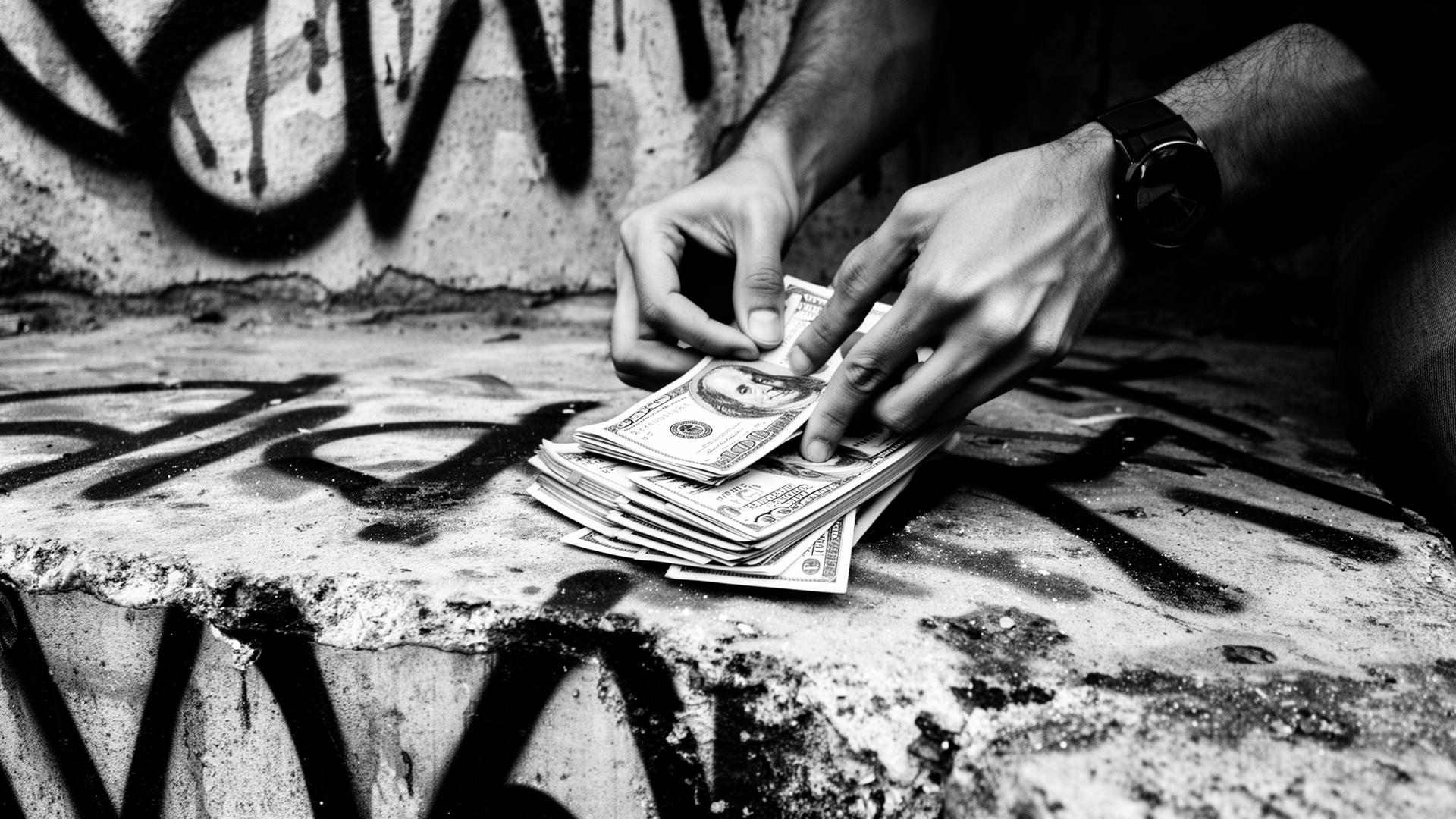 Hands counting cash on graffiti